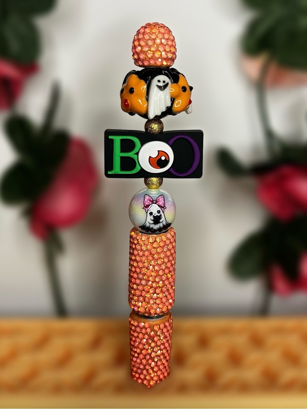 Boo Ghosts and Eyeball Halloween Orange Rhinestone Handmade Beaded Pen